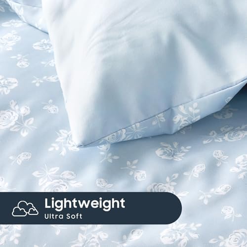 Wake In Cloud - Floral Comforter Set with Sheets, Coquette Cottagecore Aesthetic Flower Shabby Chic Pattern for Women Teen Girls, 5 Pieces Bed in a Bag, Light Blue, Twin Size