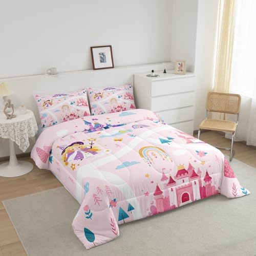 Feelyou Kids Princess Duvet Insert Full Size, Girls Dreamy Magic Castle Comforter Set Boys Girls for Cartoon Rainbow Bedding Set Fairytale Teens Bedroom Decor with 2 Pillow Case