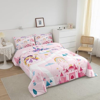 Feelyou Kids Princess Duvet Insert Full Size, Girls Dreamy Magic Castle Comforter Set Boys Girls for Cartoon Rainbow Bedding Set Fairytale Teens Bedroom Decor with 2 Pillow Case