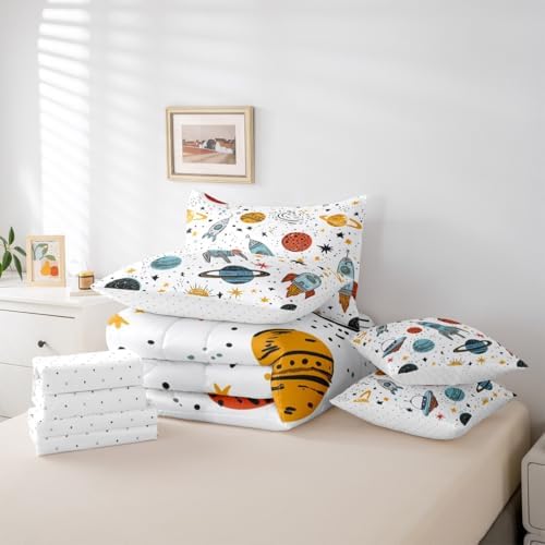 Erosebridal Outer Space Rocket 7 Piece Bedding Set Twin Galaxy Comforter Set with Sheets Kids Boys Cartoon Bed in A Bag Universe Starry Sky Cosmos Bed Sets with 2 Pillowcases, 2 Throw Pillow Covers
