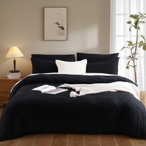 NEXHOME PRO Queen Duvet Cover Set – 100% Certified Organic Cotton with Washed Feel & Linen-Like Texture, Comfortable & Breathable, Home Bedding Set Black (No Comforter)