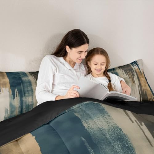 jejeloiu Blue Brown Abstract Kids Comforter Set Full Size Modern Art Bedding Set Splash Ink Abstract Duvet Quilt for Kids Boys Girls Bedroom Luxury Decor Microfiber Ultra Soft Breathable