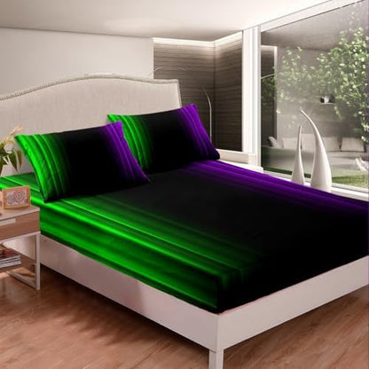 Feelyou Teens Abstract Ombre Decorations Bedding Set for Kids Women Green Purple and Black Bed Sheets Set Geometric Modern Fitted Sheet Sets Room 4Pcs King Size