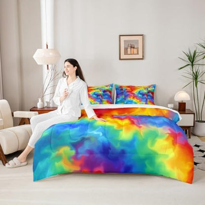 Erosebridal Tie Dye 7 Piece Bedding Set Twin Rainbow Comforter Set with Sheets Pastels Bed in A Bag Kids Girls Women Colorful Bed Sets with 2 Pillowcases, 2 Throw Pillow Covers