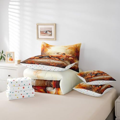 Erosebridal Autumn Truck Pumpkin Bed in A Bag with Sheets for Kids Boys Girls Fall Harvest King Comforter Set 7 Piece Maple Leaves Print Bedding Set Rustic Farmhouse Style Bed Set Holiday Decor