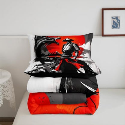 Feelyou Kids Samurai Comforter Set Full Size, Japanese Samurai Bedding Set Warrior Bushido Comforter for Boys Girls Black Dragon Duvet Insert Microfiber Bed Set