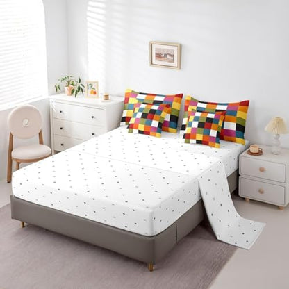jejeloiu Classic Plaid Bedding Set 7Pcs Queen Size Kids Checkered Grid Comforter Set with Sheets for Boys Girls Geometric Buffalo Check Bed in a Bag Soft Lightweight,Microfiber