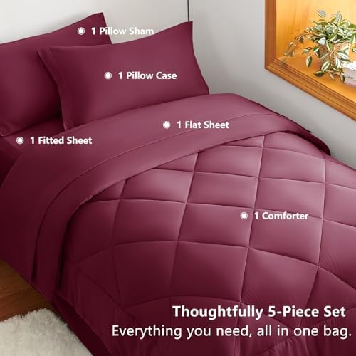 CozyLux Twin XL Comforter Set 68"x88" Burgundy - 5 Piece Bed in a Bag