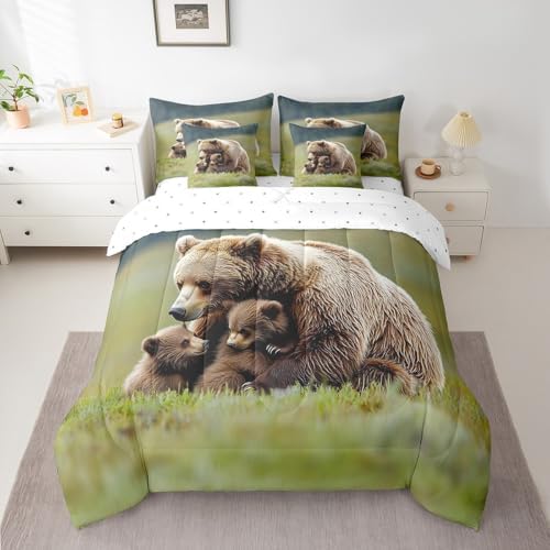 Erosebridal Grizzly Bear Comforter Set Twin Brown Bear Family 7 Piece Bedding Set Rustic Farmhouse Bed in a Bag Country Animals Sheet Set with Comforter Western Hutning Cabin Lightweight Decor