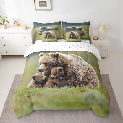 Erosebridal Grizzly Bear Comforter Set Twin Brown Bear Family 7 Piece Bedding Set Rustic Farmhouse Bed in a Bag Country Animals Sheet Set with Comforter Western Hutning Cabin Lightweight Decor