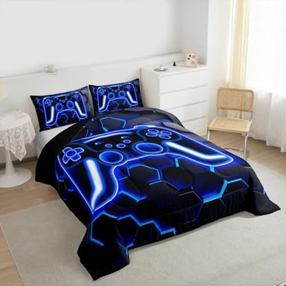 Erosebridal Gaming Comforter Set Neon Honeycomb Gamer King Bedding Set, Retro Game Console Comforter Blue Hexagon Lights Duvet Insert,Gamer Room Decor for Boys