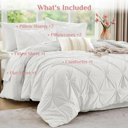 JOLLYVOGUE Full Size Comforter Sets 7 Pieces - Bed in a Bag Full for All Season, Pintuck Bedding Comforter Sets with Comforter, Flat Sheet, Fitted Sheet and Pillowcases & Shams, White