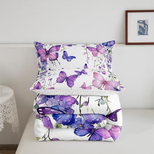 jejeloiu Purple Butterfly Comforter Set Queen Size Kids Floral Flower Bedding Set for Boys Girls Teens Lavender Duvet Breathable Spring Quilt Bedroom Decor,1 Comforter with 2 Pillowcase