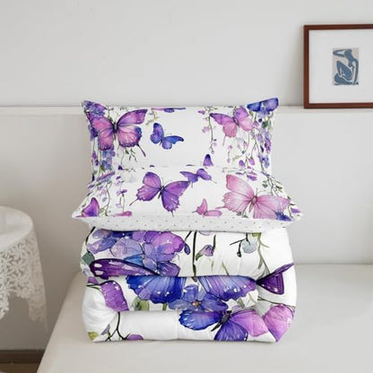 jejeloiu Purple Butterfly Comforter Set Queen Size Kids Floral Flower Bedding Set for Boys Girls Teens Lavender Duvet Breathable Spring Quilt Bedroom Decor,1 Comforter with 2 Pillowcase