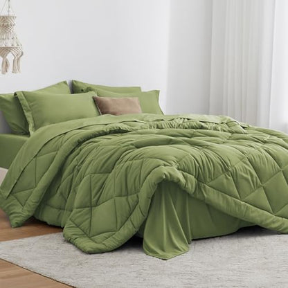 Love's cabin Twin XL Comforter Set Olive Green, 5 Pieces Twin XL Bed in a Bag, All Season Bedding Sets with 1 Comforter, 1 Flat Sheet, 1 Fitted Sheet, 1 Pillowcase and 1 Pillow Sham