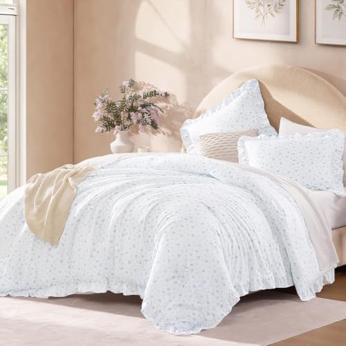 Andency Blue Floral Ruffle Comforter Queen, Flower Printed Bedding Set