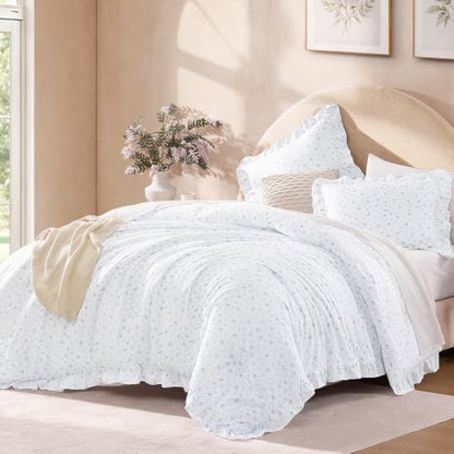 Andency Blue Floral Ruffle Comforter King, Flower Printed Bedding Set