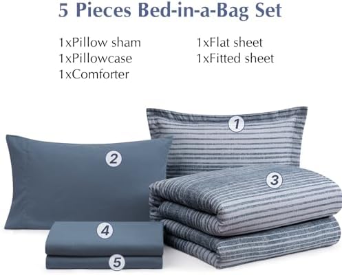 Twin XL Comforter Set Striped Lake Blue 5 Pieces College Dorm Bed in a Bag