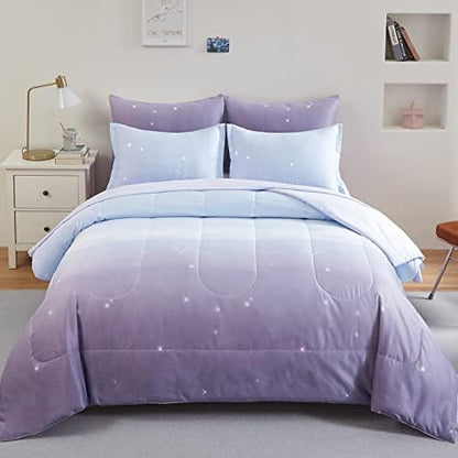 Dinjoy Girls Comforter Set Full Size Colorful Ombre Purple Rainbow Bedding Set Bed in A Bag for Kid Teen Girls 7 Pieces (1 Comforter, 1 Flat Sheet, 1 Fitted Sheet, 2 Pillow Shams, 2 Pillowcases)