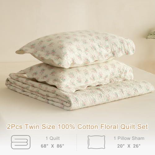 Lady Ann 100% Cotton Twin Quilt Set - Pink Flower Botanical Bedspread, Soft 68x86 Quilted Coverlet, Lightweight Farmhouse 2 Pcs Floral Bedding Set for All Season