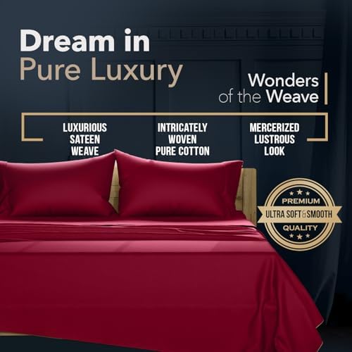 TEXAS LINEN CO. 100% Egyptian Cotton Pillow Cases King Size Set of 2 - Luxury 1500 Series Couture Comfortin' Collection Sateen Pillow Covers (Burgundy), Hotel Pillowcases, Fits King Size Pillows