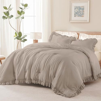 Andency Light Brown California King Comforter Set, 3 Pcs Shabby Bedding