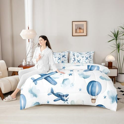 Erosebridal Cartoon Aircraft Queen 7 Pcs Bedding Set for Boys, Dreamy Hot Air Balloon Comforter Set with Sheets, Blue White Clouds Bed in A Bag for Kids Girls Adults, Airplane Star Print Bed Sets