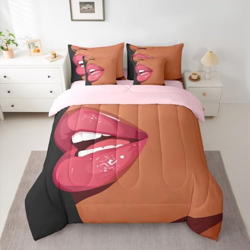 Erosebridal Black Girls Pink Comforter Sets 7 Piece for Kids African Black Women King Sheet Set Vogue Fashion Gorgeous Bedding Set for Girls Women Teens Minimalist Romantic Makeup Bed in A Bag