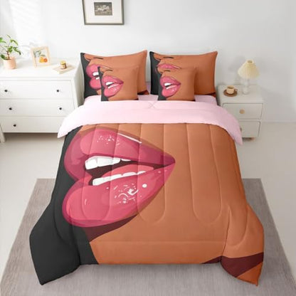 Erosebridal Black Girls Pink Comforter Sets 7 Piece for Kids African Black Women King Sheet Set Vogue Fashion Gorgeous Bedding Set for Girls Women Teens Minimalist Romantic Makeup Bed in A Bag