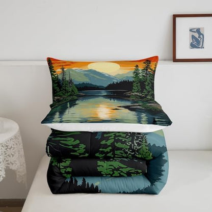Happy Camping Comforter Set Twin Size,Lake House Adventure Theme Duvet Insert 2Pcs,Mountain River Vintage Bedding Set for Kids Teens Adults Room Decor,Sunset Natural Scenery Quilt Set,1 Pillowcase
