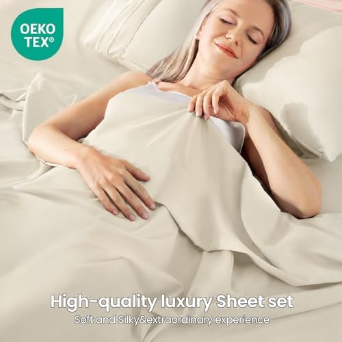 ROSE&RISY Light Beige Queen Sheet Set, 4 Pcs Soft Bedding Queen Sheet Set, Breathable and Cooling Sheet Bed Set, Includes 1 Fitted Sheet, 1 Flat Sheet, 2 Pillowcases - Deep Pocket (Light Beige, Queen)