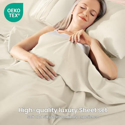 ROSE&RISY Light Beige Queen Sheet Set, 4 Pcs Soft Bedding Queen Sheet Set, Breathable and Cooling Sheet Bed Set, Includes 1 Fitted Sheet, 1 Flat Sheet, 2 Pillowcases - Deep Pocket (Light Beige, Queen)