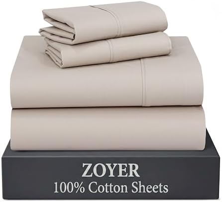 ZOYER 100% Cotton Sheets – King Size Percale Bedding, Cooling & Breathable, Durable with a Crisp, Soft & Comfortable Feel, 16" Deep Pocket, 4-Piece Set, Soft Sand