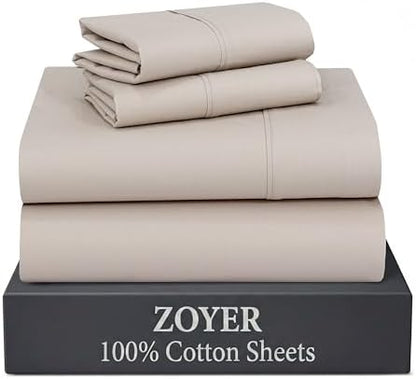 ZOYER 100% Cotton Sheets – King Size Percale Bedding, Cooling & Breathable, Durable with a Crisp, Soft & Comfortable Feel, 16" Deep Pocket, 4-Piece Set, Soft Sand