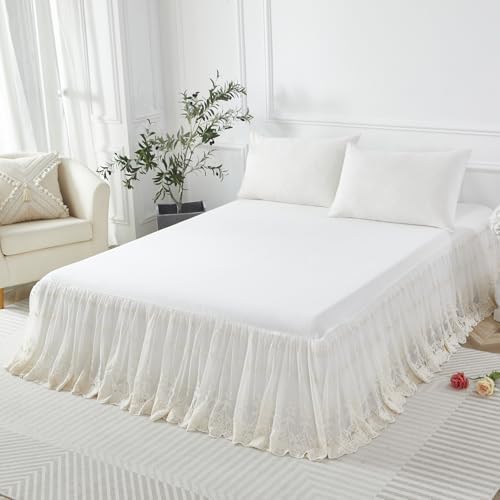 Brandream Queen Size Luxury Cream White Lace Bed Skirt 18 Inch Drop Romantic Girls Bed Sheets Cover Elegant Skirted Sheet