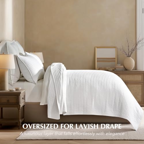 EVERGRACEHOME Cotton Sateen Quilt Set, Oversized Cal King, Bright White
