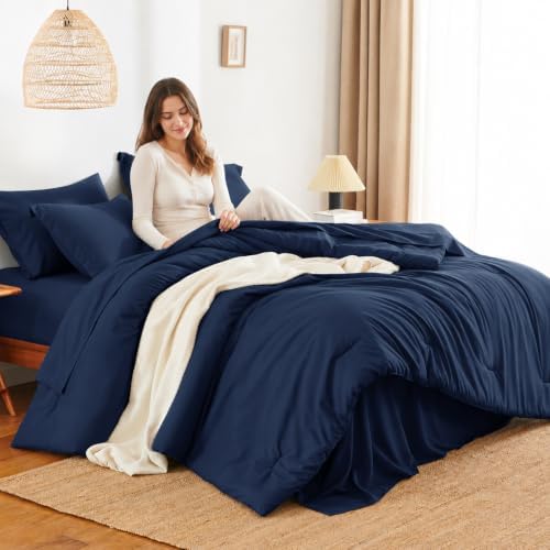 HIMEET Oversized King Comforter Sets, 7-Piece Point-Quilted, Navy Blue
