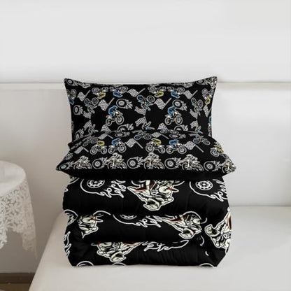 Feelyou Dirt Bike Bedding Set Soft for Boys Girls, Motorbike Comforter Set Queen Size Racing Motocross Rider Duvet Quilt Microfiber Motorcycle Bedroom Decor Extreme Sports 3 Pcs with 2 Pillow Cases