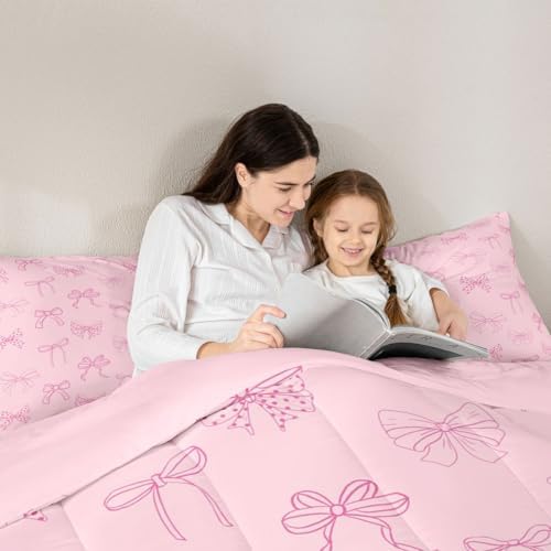 jejeloiu Bowknot Kids Comforter Set Toddler Size Pink Bow Bedding Set Dreamy Princess Style Duvet Quilt for Kids Boys Girls Bedroom Pink Bow Tie Decor Microfiber Ultra Soft Breathable