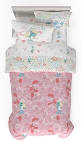 The Smurfs Smurfette Twin Bedding Set – 5 Piece Kids Super Soft Microfiber Reversible Comforter & Sheet Set - Pink, (Officially Licensed Product) by Franco