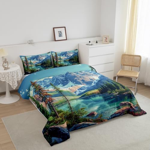 Camping Comforter Set King Size,Lake House Woodland Bedding Set for Kids Teens Adults Room Decor,Adventure Theme Microfiber Soft Quilt Set,Nature Scenery Mountain Duvet Insert 3Pcs,2 Pillowcases