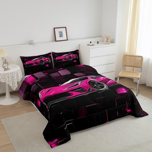 Erosebridal Speed Race Car Comforter Set Toddler Hot Pink Sports Car Bedding Set Boys Extreme Sports Down Comforter Black and Hot Pink Quilt Fashion Geometric Duvet Insert 2Pcs Bedding Decor