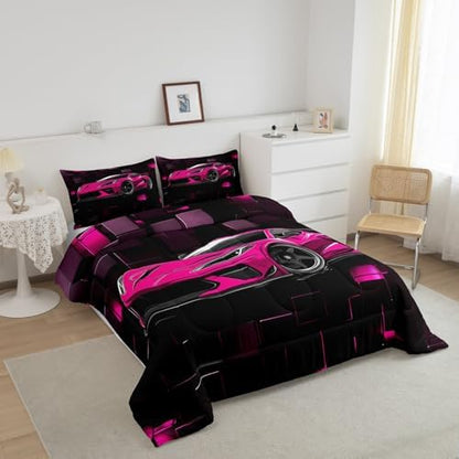 Erosebridal Speed Race Car Comforter Set Toddler Hot Pink Sports Car Bedding Set Boys Extreme Sports Down Comforter Black and Hot Pink Quilt Fashion Geometric Duvet Insert 2Pcs Bedding Decor