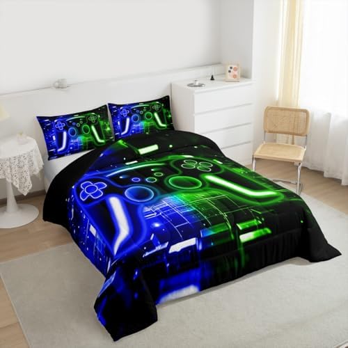 Erosebridal Gaming Comforter Set Gamer Girl Toddler Bedding Set, Neon Lights Video Game Consoles Comforter Blue Green Brick Cube Quilt,Video Game Decor