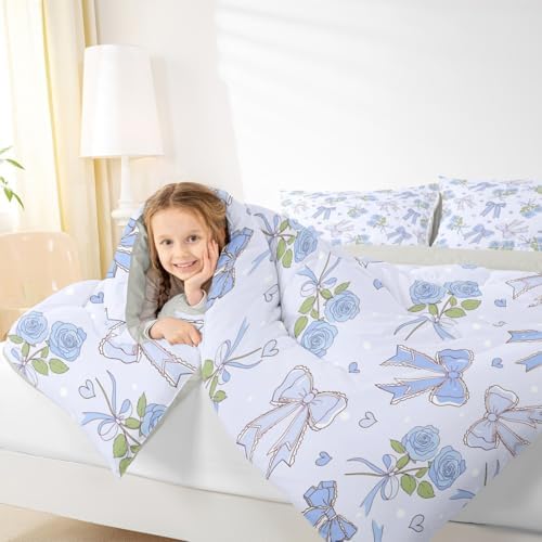 Castle Fairy Blue Bowknot Kids Comforter Set,Retro Blue Rose Farmhouse Duvet Set for Room Decor,Dreamy Princess Style Brushed Microfiber Soft Quilt Cover,Full Size 3 PCS