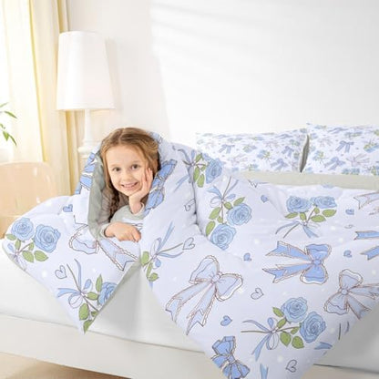 Castle Fairy Blue Bowknot Kids Comforter Set,Retro Blue Rose Farmhouse Duvet Set for Room Decor,Dreamy Princess Style Brushed Microfiber Soft Quilt Cover,Full Size 3 PCS