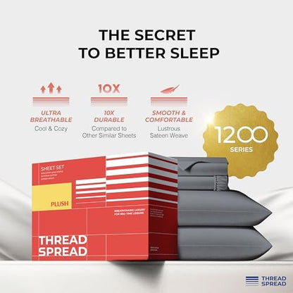 THREAD SPREAD 100% Egyptian Cotton King Size Sheets Set - Luxury 1200 Series Plush Collection Egyptian Cotton Sheets King Size (4 PC, Dark Grey), Silky Soft, Cooling, 17" Deep Pocket Bed Set