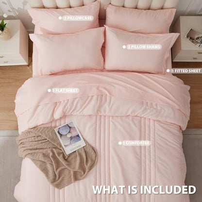 Full Size Comforter Sets Pink, 7 Pieces Bed in a Bag Bedding Set