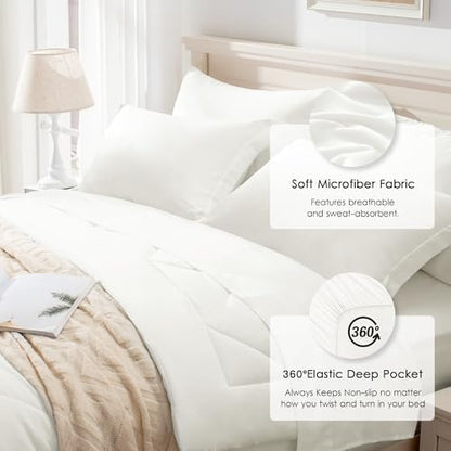 Love's cabin California King Comforter Set Ivory, 7 Pieces California King Bed in a Bag, All Season Bedding Sets with 1 Comforter, 1 Flat Sheet, 1 Fitted Sheet, 2 Pillowcase and 2 Pillow Sham