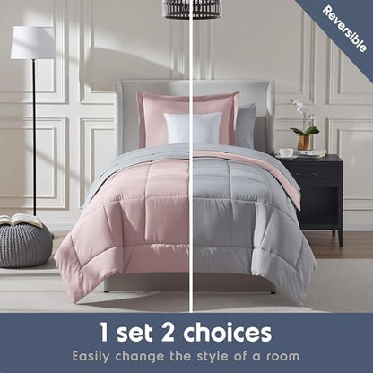 Nestl 7 Piece Twin Comforter Set – Blush Pink Reversible Bed in a Bag – Complete Twin Size Bedding Set with Sheets, Set of 2 Cooling Pillows, Pillowcase and Sham